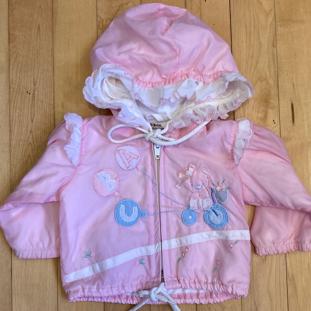 Vintage Baby Girls Spring Jacket Windbreaker Ruffles Embroidered Bear 6m- 9m